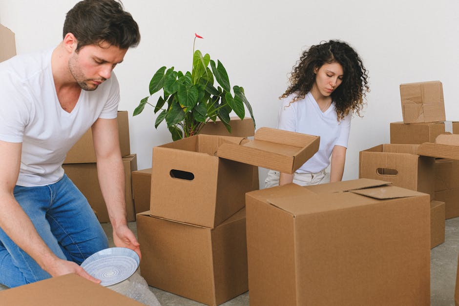 A person is seen lifting and holding a large cardboard box during a home relocation, with one hand grasping the top edge and the other supporting the side. The individual is wearing a short-sleeved wh