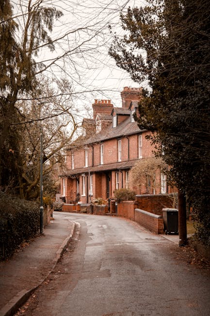 A narrow residential street with a slight curve, lined with tall, leafless trees and traditional brick terraced houses with chimney stacks and sloped roofs. The pavement runs alongside the properties, with a small brick wall and a black wheelie bin visible near the front of one house. The scene appears to be during late autumn or winter, with overcast sky and minimal foliage. This setting exemplifies a typical London suburb, often involved in house removals and property moves, where furniture transport and packing plans are coordinated by companies like Man with Van Mottingham during home relocations or local moves to areas such as Horn Park Estate.